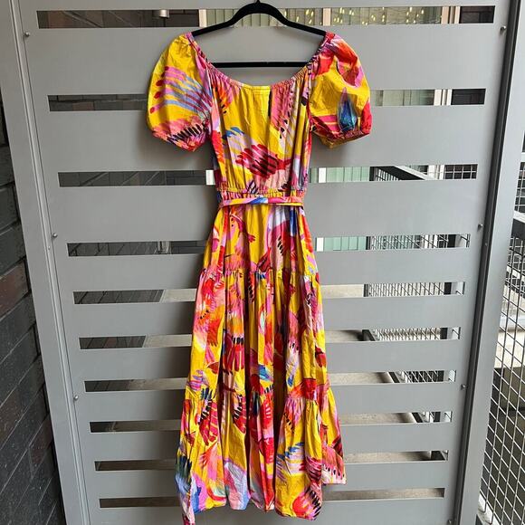 FARM Rio Neon Macaws Puff Sleeve Cotton Maxi Dress Size XS - Picture 3 of 8